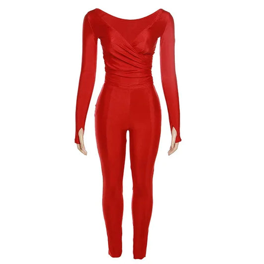 Autumn Solid Casual Two Piece Set Women Sexy Wrapped V Neck Off Shoulder Gloves Long Sleeve Crop Top Slim Split Pants Suits - Shello's Creative Boutique