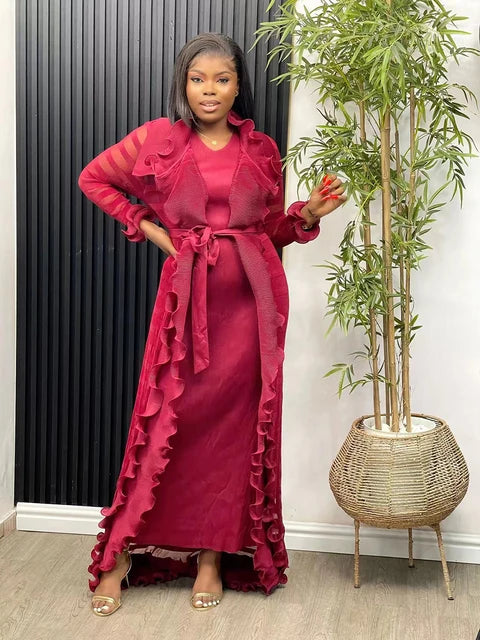 Heavy Industry Pleated Set Solid Flounced Edge Full Sleeved Sexy Evening Party Two Piece Sets for Women eprolo