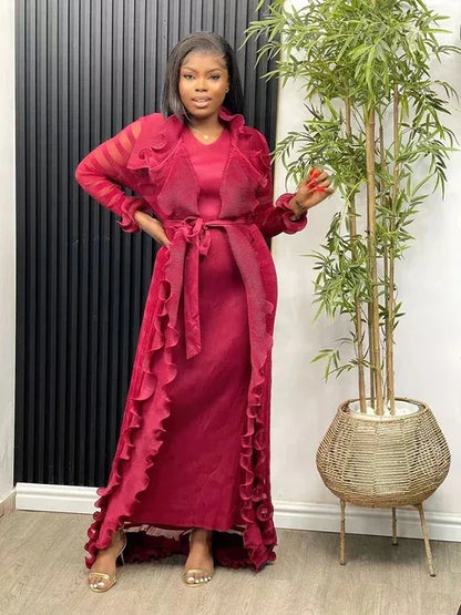 Heavy Industry Pleated Set Solid Flounced Edge Full Sleeved Sexy Evening Party Two Piece Sets for Women - Shello's Creative Boutique