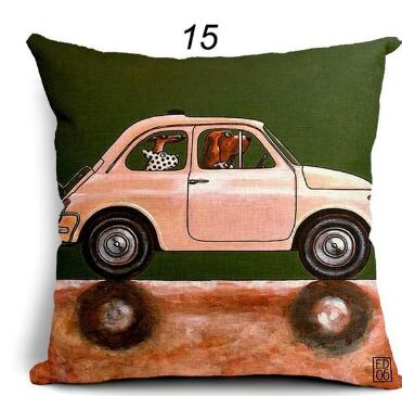 Pillow Lovely Cartoon Dog Driving Car Vintage Almofadas 45X45CM Linen Pillow Decorative Linen Cushion Cover Shello Creative Boutique
