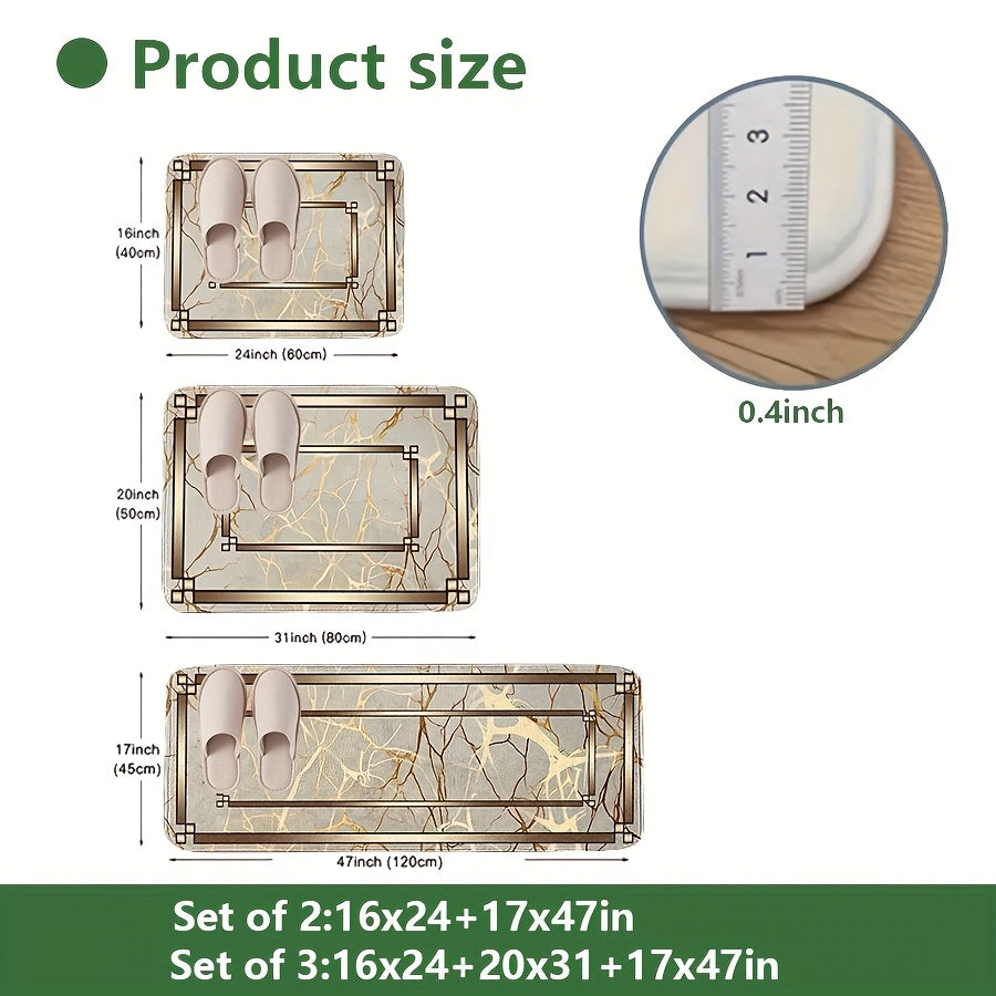 2/3 Piece Spring Summer Kitchen Mat Set - Marble Gold Plated Design Absorbent Washable Floor Mats