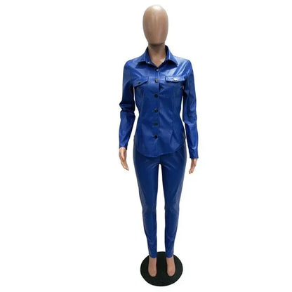 Sexy Two Piece Set Women Plus Size PU Leather Long Sleeve Top and Bodycon Pant Suit - Shello's Creative Boutique