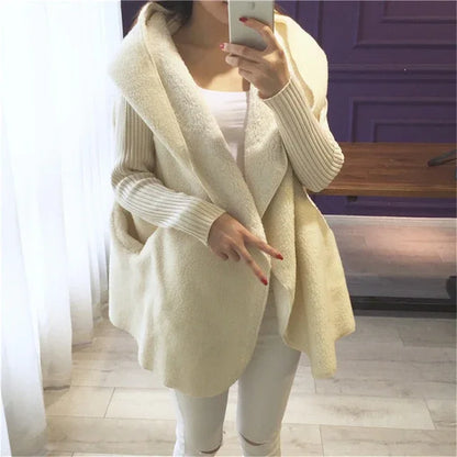 Loose Lamb Wool Cardigan Solid Color Hooded Long Fashion Coat Knitted Sleeve Stitching Warm Jacket - Shello's Creative Boutique