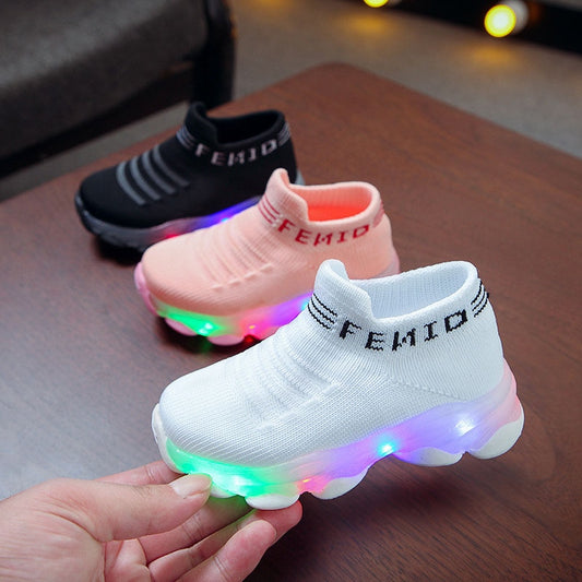 Kids Sneakers Children Baby Girls Boys Letter Mesh Led Luminous Socks Sport Run Sneakers Shoes Sapato Infantil Light Up Shoes eprolo