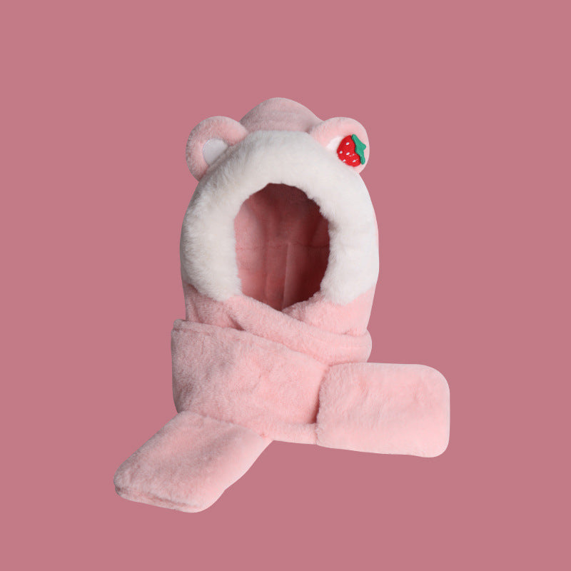Winter Bear Hat Scarf Gloves One Body Autumn and Winter Lovely Strawberry Warm Keeping Women's Three Piece Scarf Thick Winter eprolo