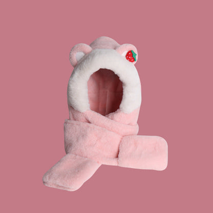 Winter Bear Hat Scarf Gloves One Body Autumn and Winter Lovely Strawberry Warm Keeping Women's Three Piece Scarf Thick Winter eprolo