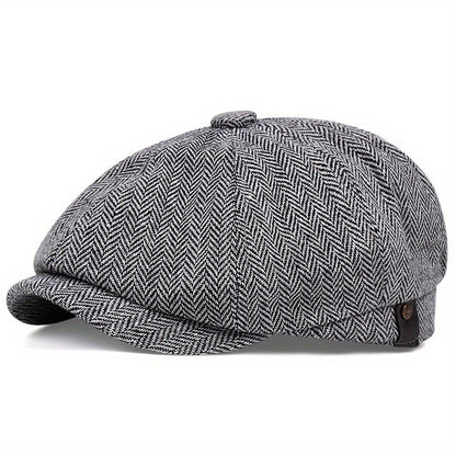 Men&Apos;S Retro Herringbone Flat Cap - Black Casual Beret with Vintage Style, Knitted Polyester, Perfect for Valentine&Apos;S Day, Everyday Headwear | Vintage Flat Cap | Knitted Texture Shello's Creative Boutique
