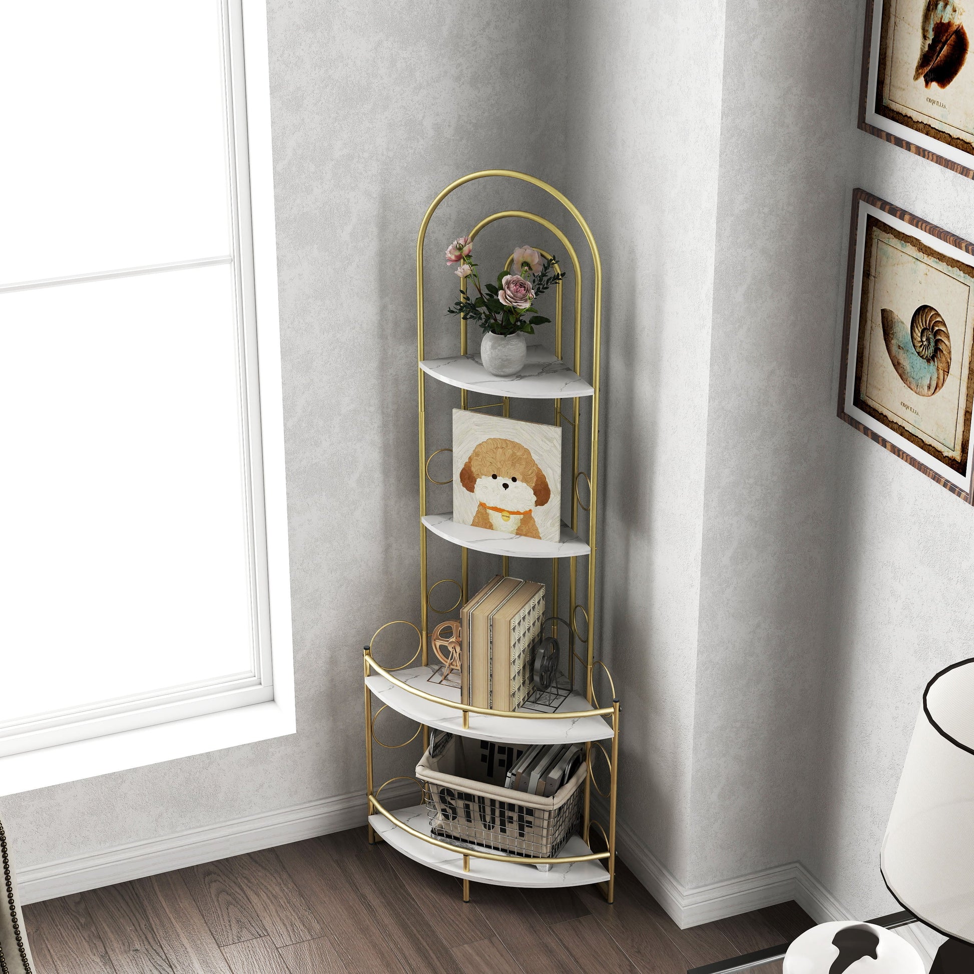 Gold 4-Tier Corner Bookshelf, Modern Style, Plant Stand with Metal Frame eprolo