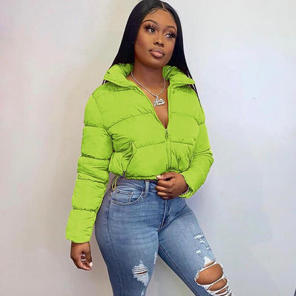 Long Sleeve Zip-Up Parkas Autumn Winter Women Warm Cropped Coats Patchwork Windbreak Outfits - Shello's Creative Boutique