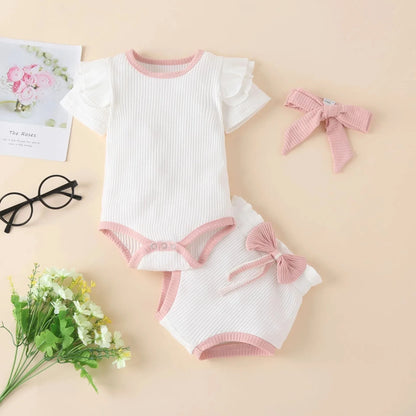 Autumn and winter foreign trade children's clothing solid color pit striped cotton long-sleeved romper with bowknot trousers three-piece suit - Shello's Creative Boutique