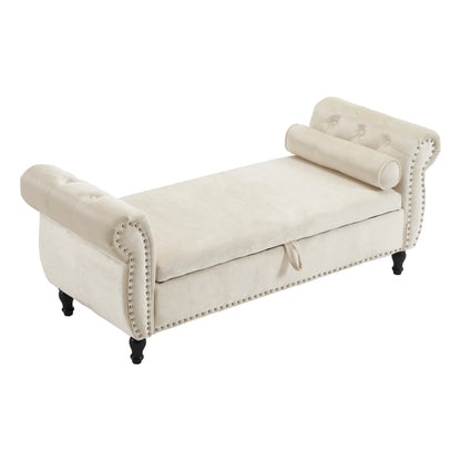 Velvet Multifunctional Storage Rectangular ottoman bench with 1 Pillow, Beige - Shello's Creative Boutique