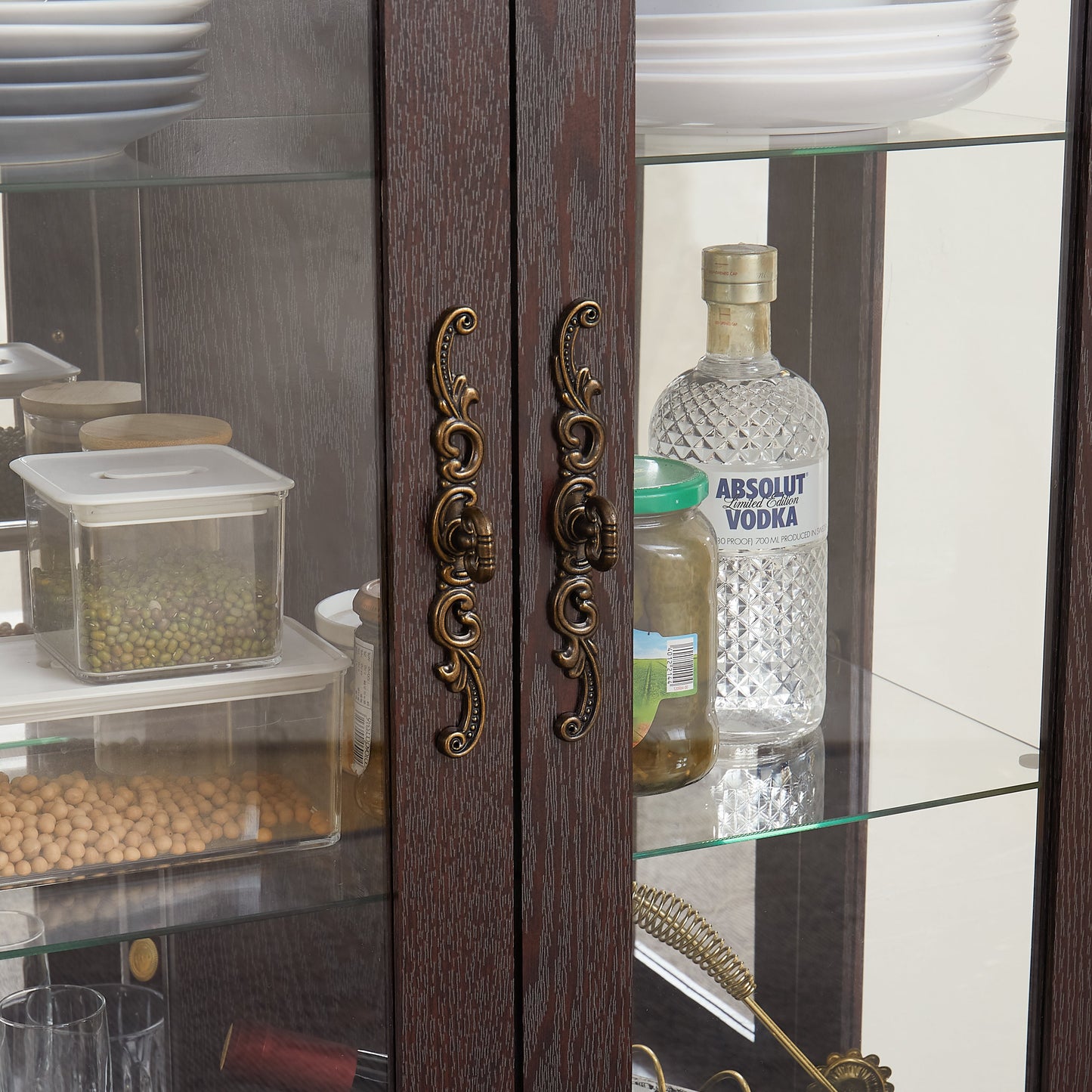 Light colored glass cabinet with adjustable glass frame Curio display cabinet, 2 doors and 1 drawer light bulb cherry color eprolo