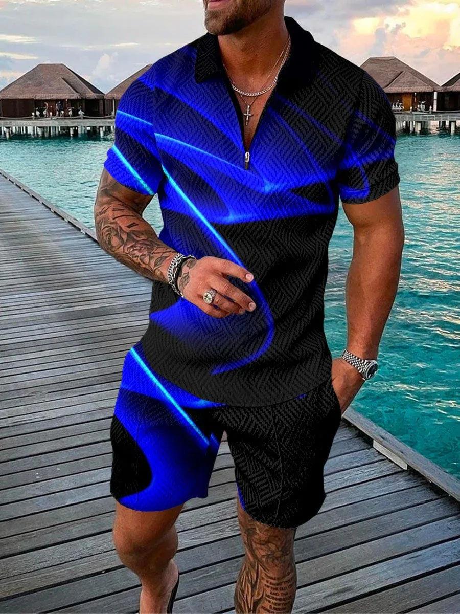 New Men's Fashion Casual Suit 3D Print Zip Short Sleeve Polo Shirt Shorts 2 Piece Set - Shello's Creative Boutique