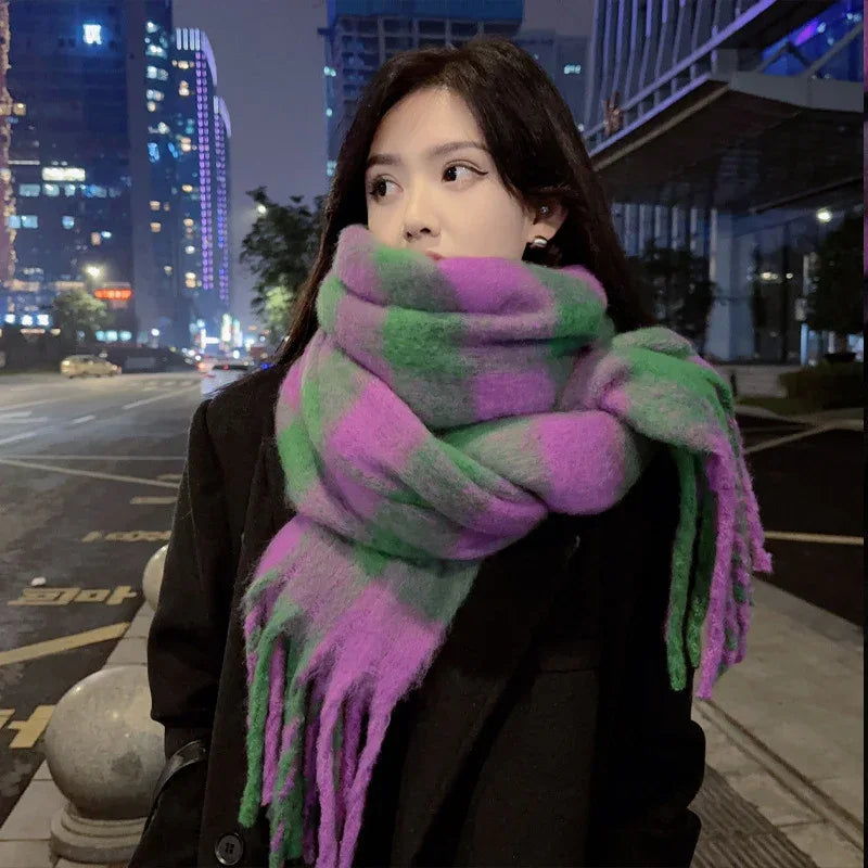 Women Plaid Scarf Winter Pashmina Shawls Cashmere Thick Wraps Lady Tassel Warm Scarves Rainbow - Shello's Creative Boutique