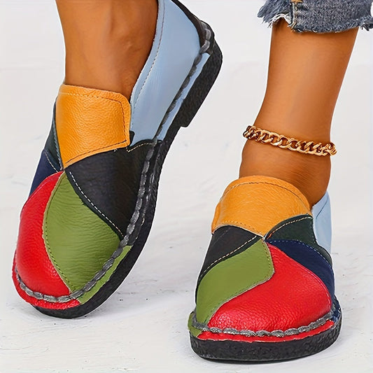 Women's Colorblock Flat Loafers, Fashion Round Toe Soft Sole Slip On Faux Leather Shoes, Casual Walking Anti-skid Shoes Shello's Creative Boutique