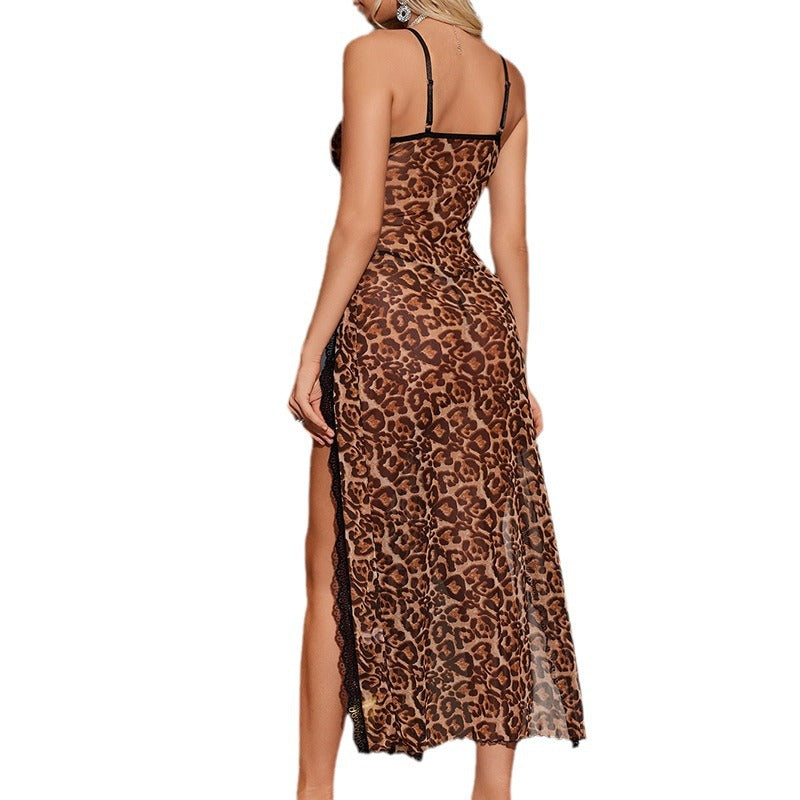 Sexy lingerie, see through long skirt, pajama set, sexy slit leopard print lace backless nightgown eprolo