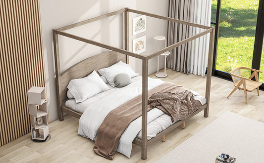 King Size Canopy Platform Bed with Headboard and Support Legs, Brown Wash 
