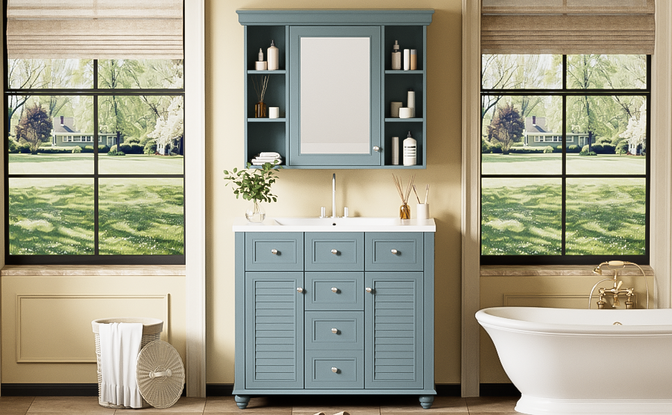 36 inch modern mirror cabinet with adjustable shelves, 2 soft closing doors, and 6 drawer storage cabinet door organizers eprolo
