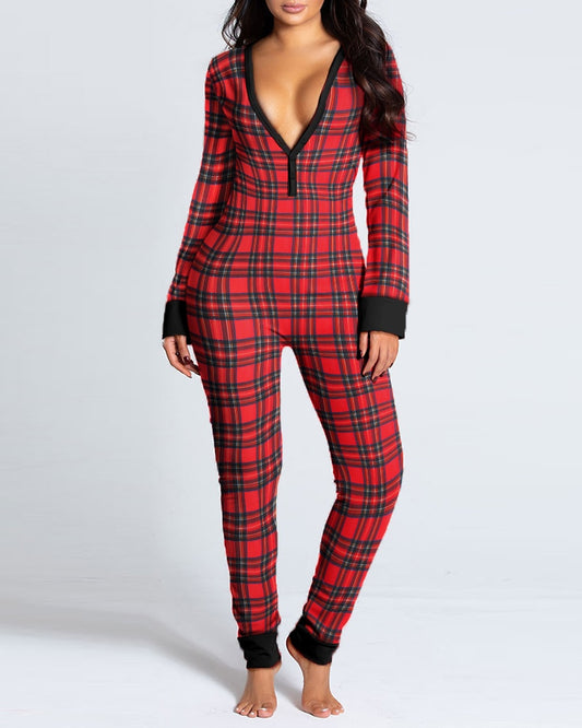 Women's Long-Sleeve Footie Jumpsuit - Slim Fit V-Neck Bodysuit Pajamas
