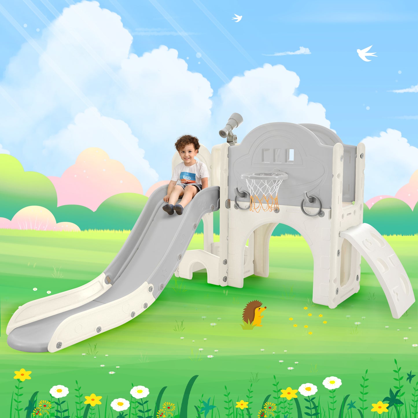 Kids Slide Playset Structure 7 in 1, Freestanding Spaceship Set with Slide, Arch Tunnel Grey+White + HDPE eprolo