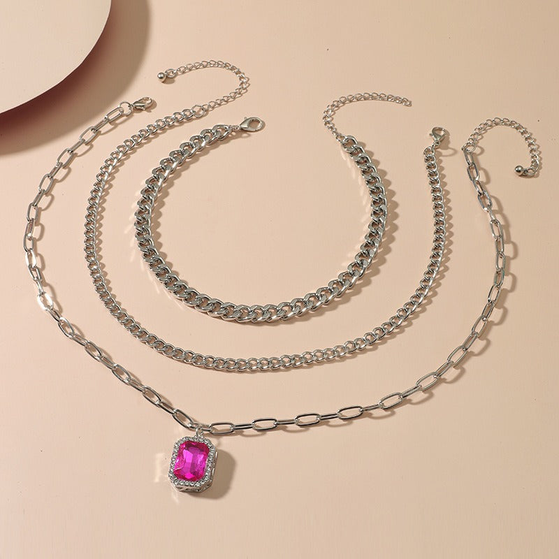 Diamond inlaid multi-layer necklace minimalist square pendant three piece set eprolo