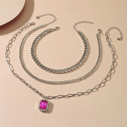 Diamond inlaid multi-layer necklace minimalist square pendant three piece set - Shello's Creative Boutique