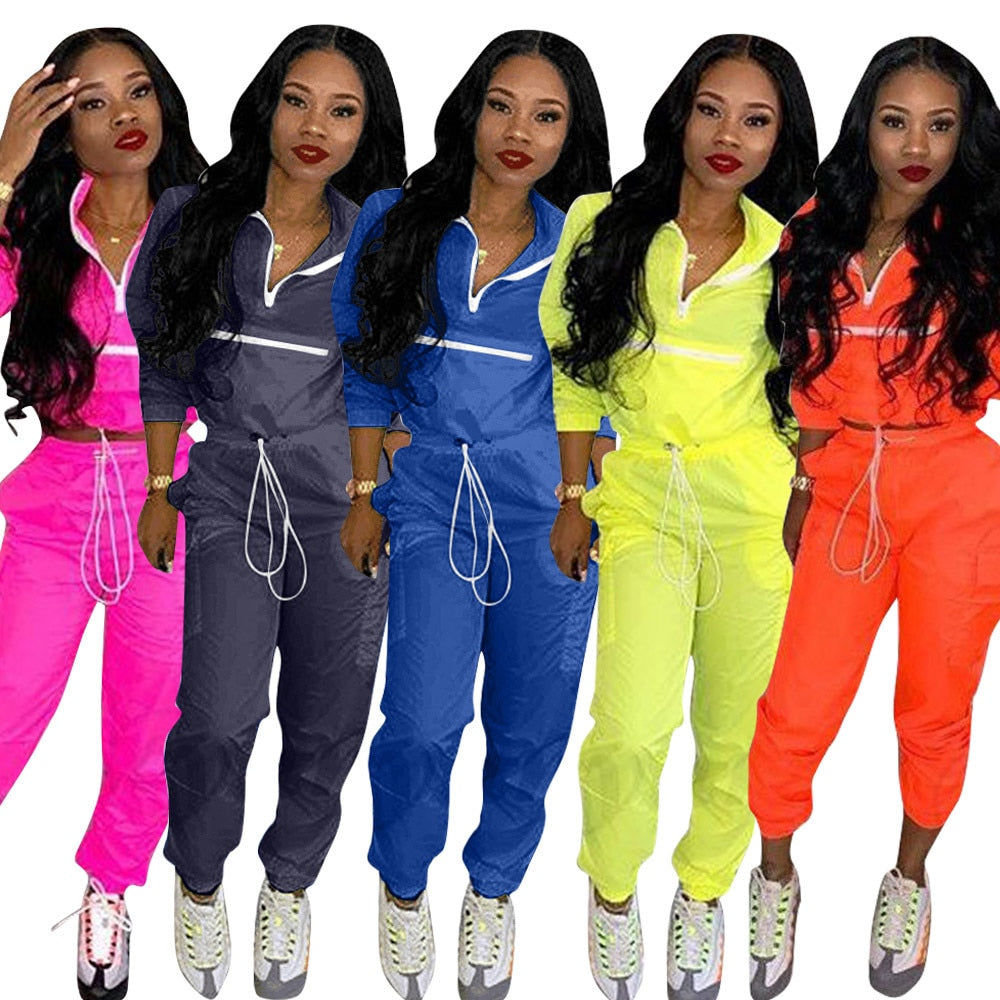Women zip up neck long sleeve short trench safari long pants suits two pieces set eprolo