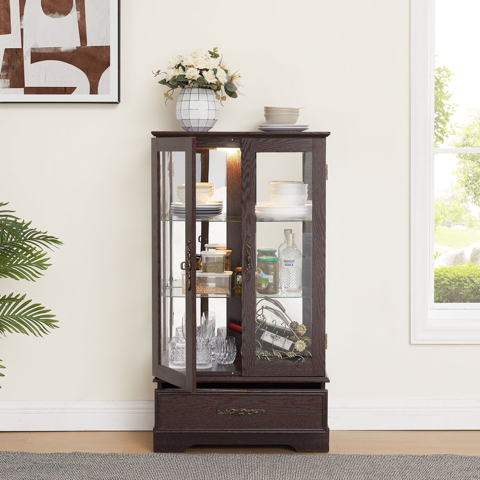 Light colored glass cabinet with adjustable glass frame Curio display cabinet, 2 doors and 1 drawer light bulb cherry color eprolo