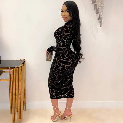 Fashion Summer Women Long Sleeve Sheer Dress See Through Mid Calf Mesh Print Dress Sexy Night Party Club Dress Vestidos - Shello's Creative Boutique