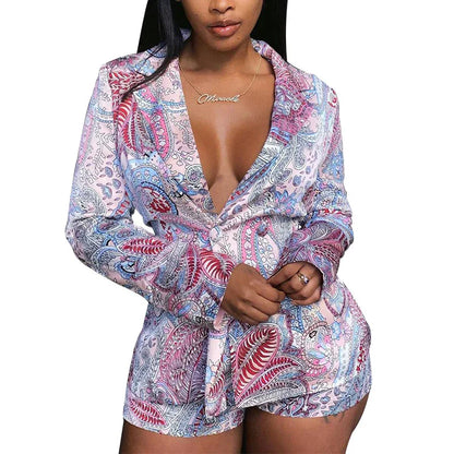 Early Autumn Fashion Casual Printed Suit Deep V Neck Long Jacket Shorts Two Piece Suit - Shello's Creative Boutique