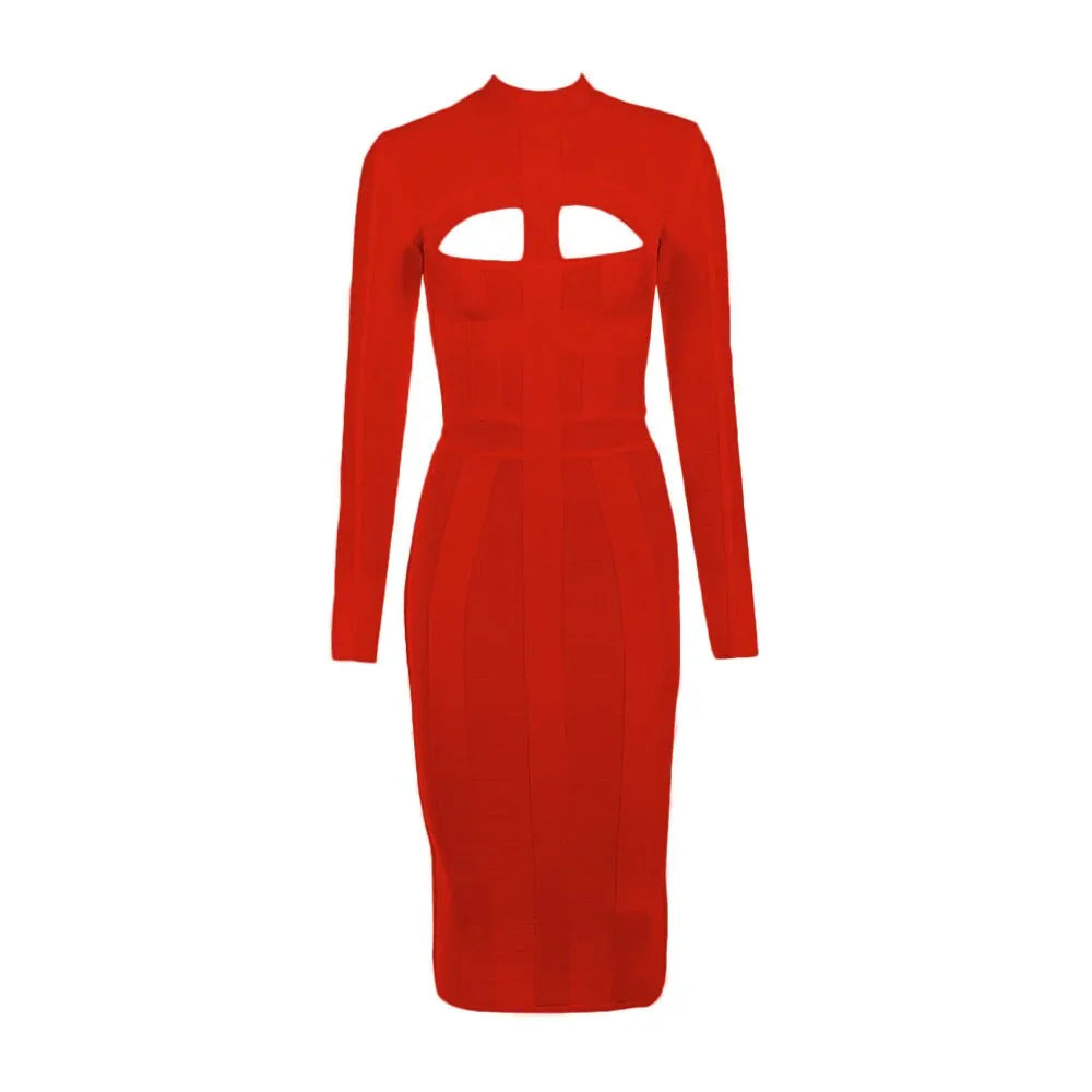 White Hollow Out Bandage Midi Dress - Long Sleeve Bodycon - Shello's Creative Boutique