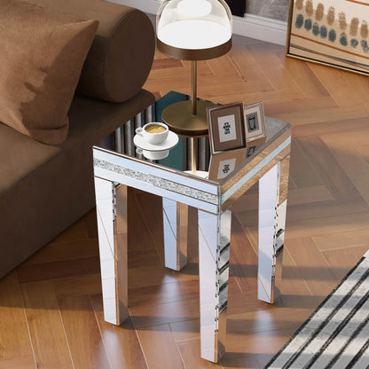 ON-TRANS glass mirror edge table, easy to assemble crystal design and adjustable height leg edge table, silver - Shello's Creative Boutique