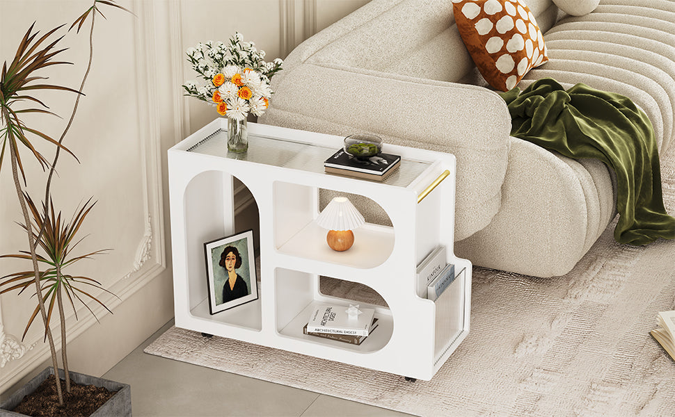 Stylish mobile desk with lockable wheels, white bedside table with 5mm thick grooved tempered glass and gold round bars eprolo