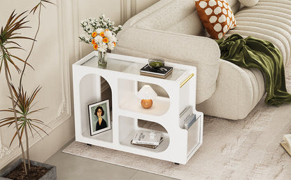 Stylish mobile desk with lockable wheels, white bedside table with 5mm thick grooved tempered glass and gold round bars eprolo
