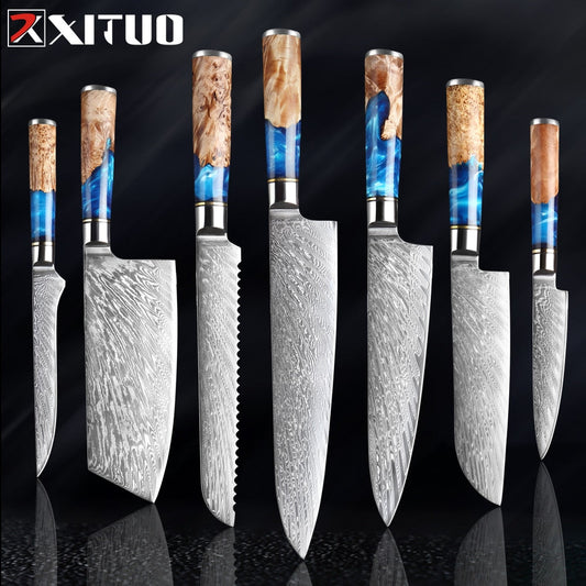 XITUO Kitchen Knives-Set Damascus Steel VG10 Chef Knife Cleaver Paring Bread Knife Blue Resin and Color Wood Handle Cooking Tool eprolo