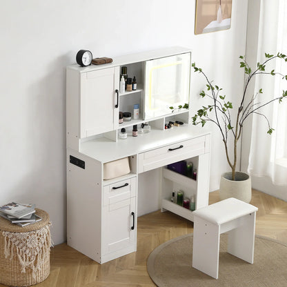 Vanity table with large sliding lighted mirror dressing table with 2 drawers storage shelves and upholstered stool - Shello's Creative Boutique