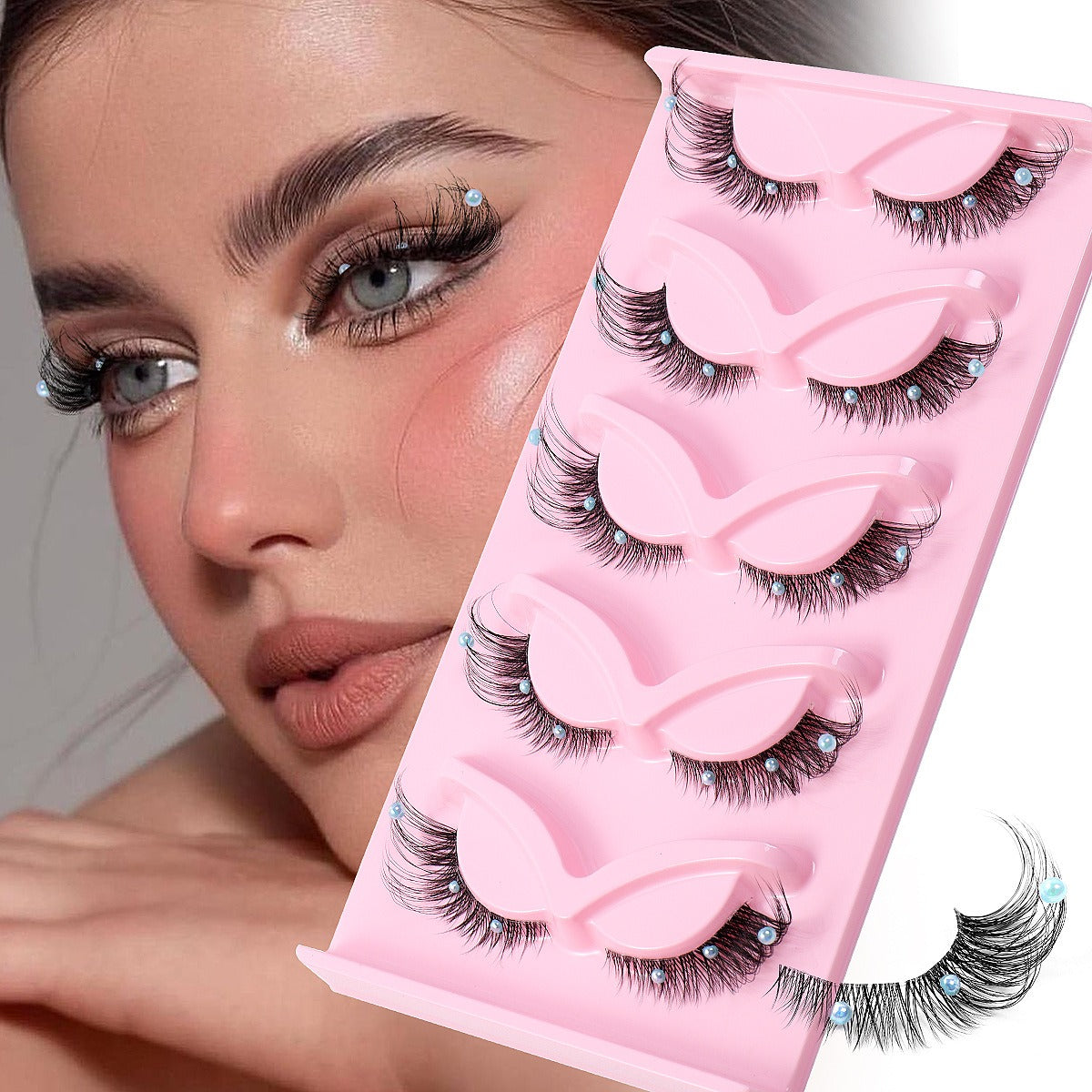 Clear Band Corner Foxy Winged Cat Eye 3D Strip Lashes Silk Party Full False Eyelash Vegan Faux Mink Eyelash With Diamond Pearl Shello Creative Boutique