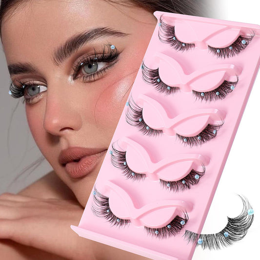 Clear Band Corner Foxy Winged Cat Eye 3D Strip Lashes Silk Party Full False Eyelash Vegan Faux Mink Eyelash With Diamond Pearl Shello Creative Boutique
