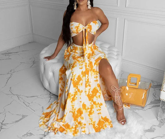 Printed Bandeau Sexy Strapless Crop Tops & Slit Maxi Skirts Set Summer Women Two Piece Set - Shello's Creative Boutique