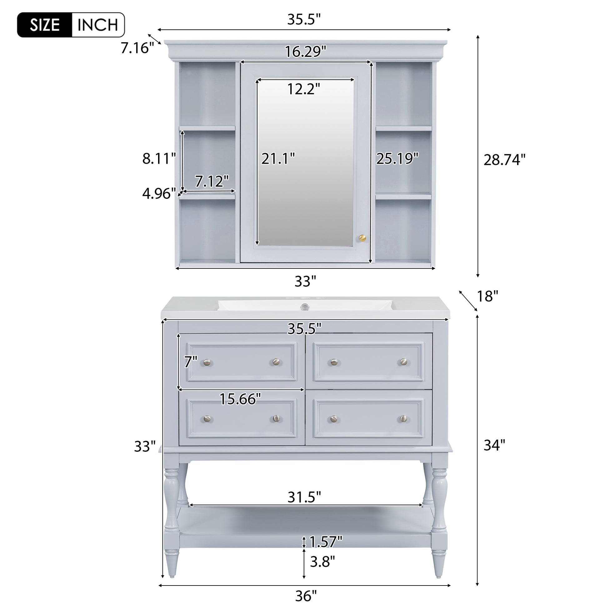 36'' Bathroom Vanity with Medicine Cabinet, Modern Mirror Cabinet with Adjustable Shelf, Bathroom Storage Cabinet with 4 Drawers eprolo