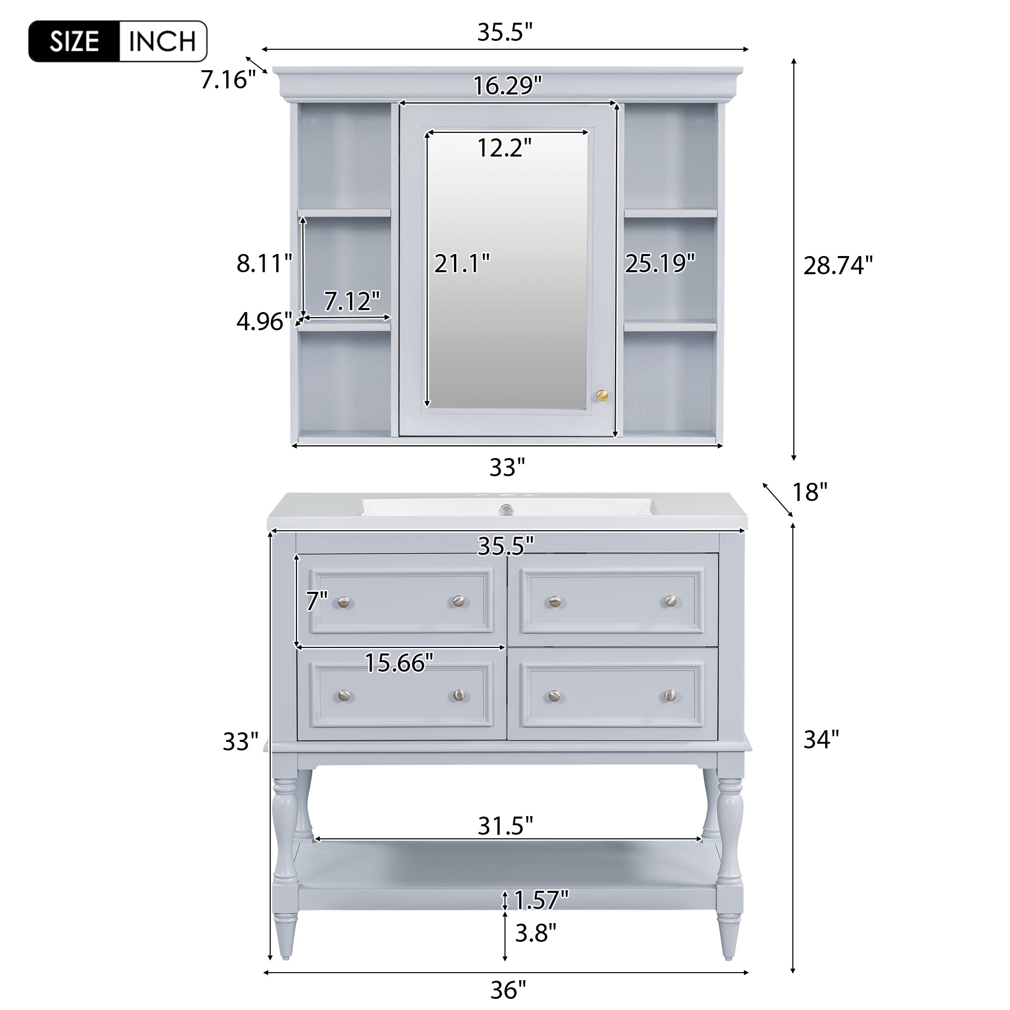 36'' Bathroom Vanity with Medicine Cabinet, Modern Mirror Cabinet with Adjustable Shelf, Bathroom Storage Cabinet with 4 Drawers eprolo