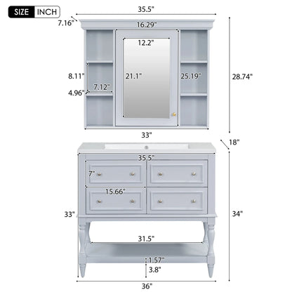 36'' Bathroom Vanity with Medicine Cabinet, Modern Mirror Cabinet with Adjustable Shelf, Bathroom Storage Cabinet with 4 Drawers - Shello's Creative Boutique