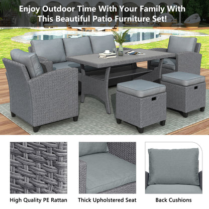 TOPMAX 6-piece outdoor rattan wicker set chair, stool, and table (gray rattan+gray mat) eprolo
