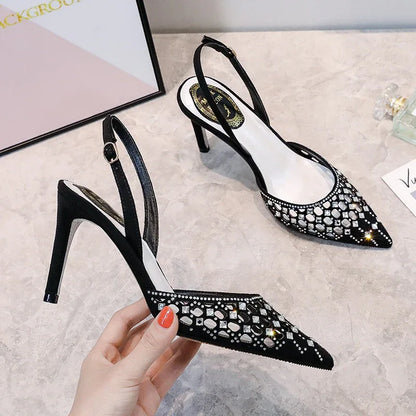 Semi-trail pointed toe rhinestone thin heel bag toe high heel strap - Shello's Creative Boutique