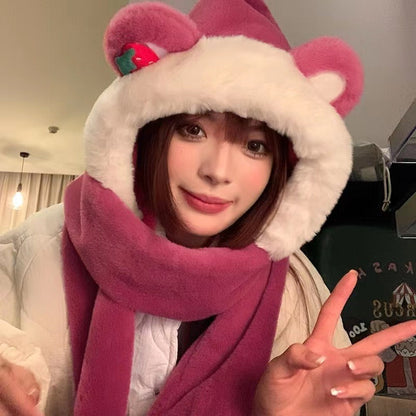 Winter Bear Hat Scarf Gloves One Body Autumn and Winter Lovely Strawberry Warm Keeping Women's Three Piece Scarf Thick Winter eprolo