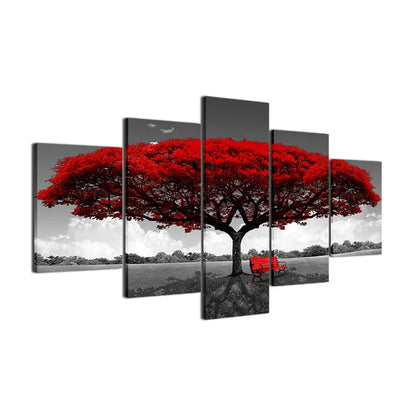 Modular Canvas HD Prints Posters Home Decor Wall Art Pictures 5 Pieces Red Tree Art Scenery Landscape Paintings Framework PENGDA - Shello's Creative Boutique