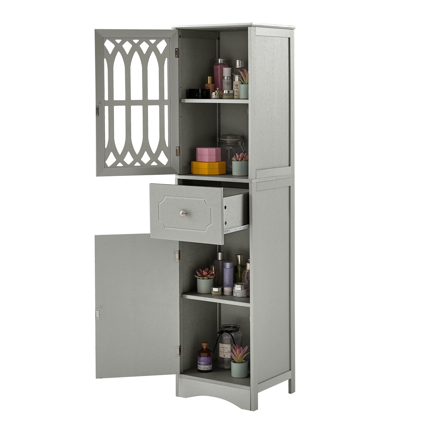 Tall Bathroom Cabinet, Freestanding Storage Cabinet with Drawer and Doors, MDF Board, Acrylic Door, Adjustable Shelf, Grey eprolo