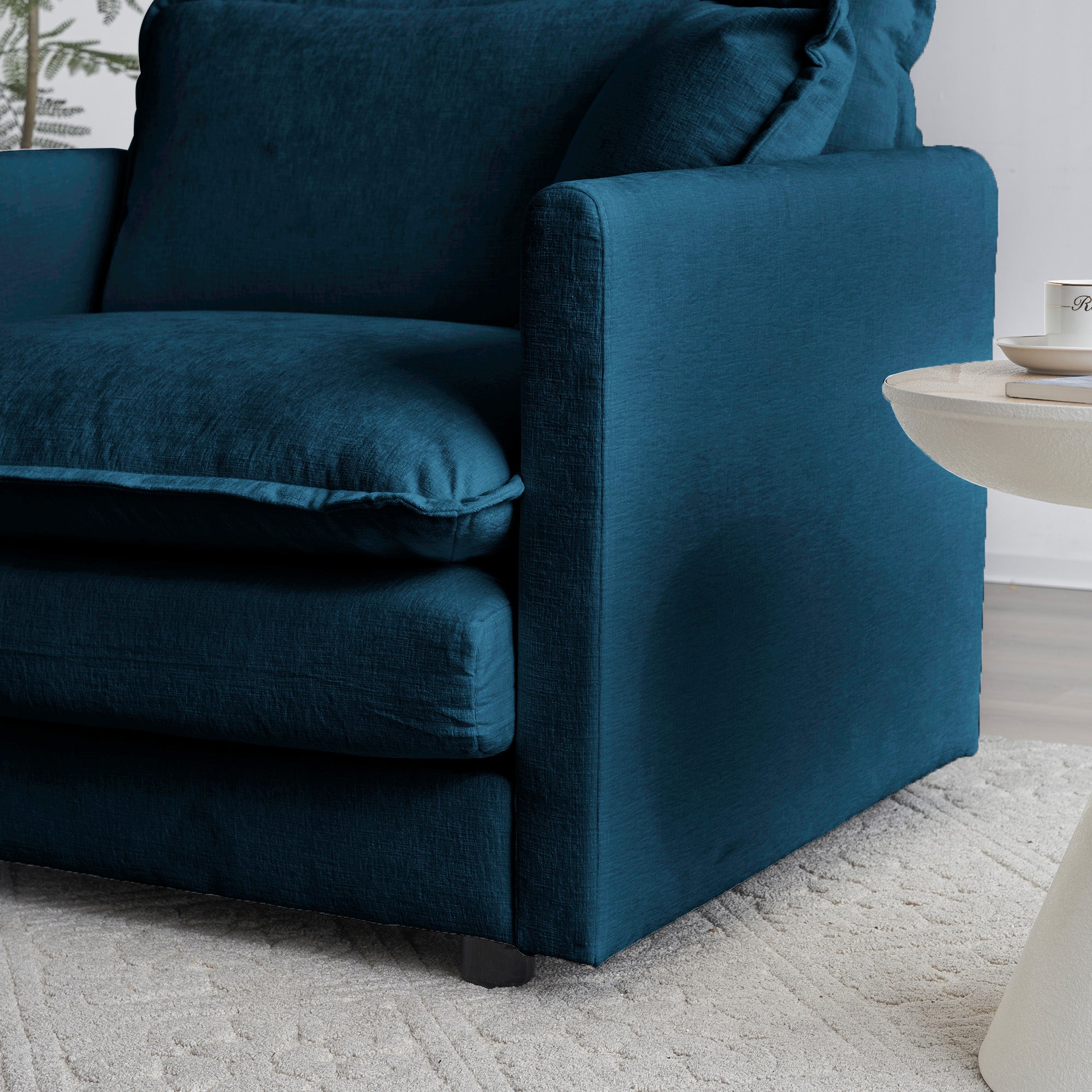 Mid-Century Modern Couch 3-Seater Sofa with 2 Armrest Pillows and 3 Toss Pillows, Couch for Living Room Blue Chenille Shello Creative Boutique