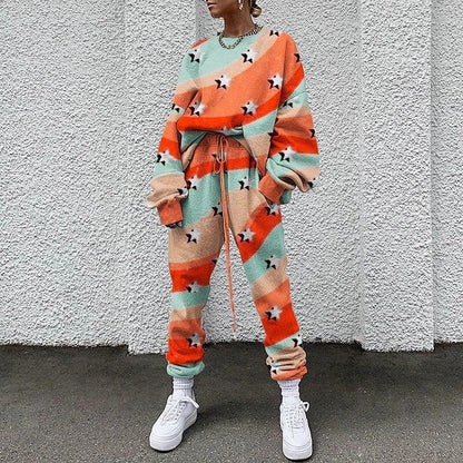 Stylish Printed Round-necked Long-sleeved Trousers Sports Two-piece Suit Two Piece Set Crop Top Two Piece Set Women Clothes - Shello's Creative Boutique