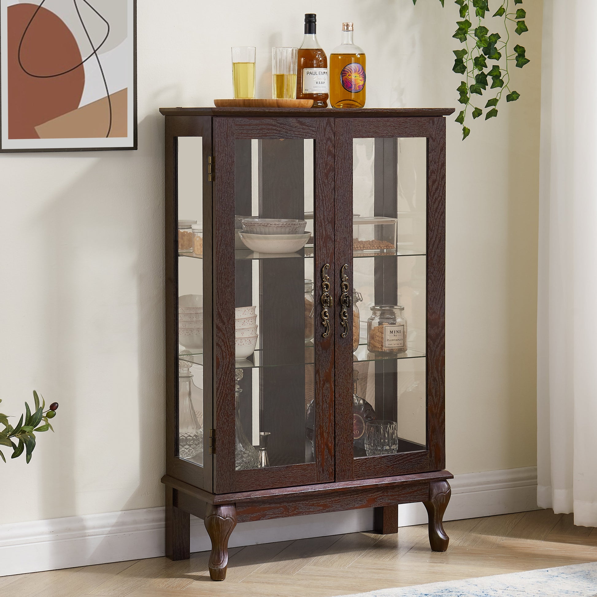 Dual door Curio cabinet with tempered glass mirror back panel and adjustable shelf display cabinet with light bulbs cherry color eprolo